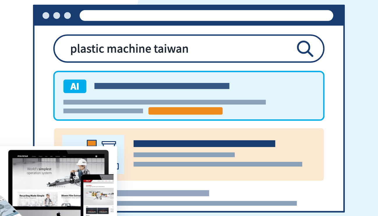 搜尋結果示意圖：AI 摘要與搜尋結果第一筆是你的機台